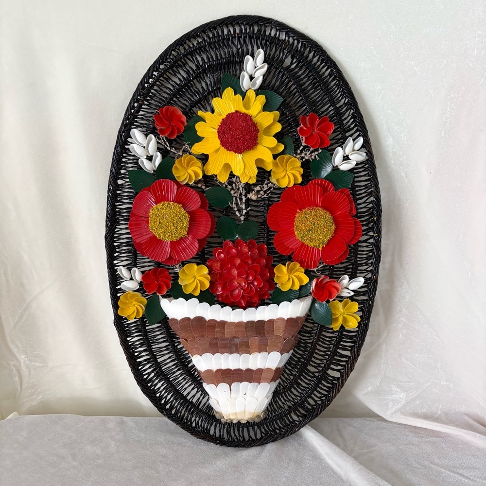 Vintage 70s wicker shell flower wall hanging art home decoration retro boho